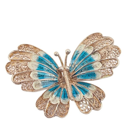 Chinese Export 1970s Blue Enamel Butterfly Pin Brooch Filigree 900 Silver - Picture 7 of 11